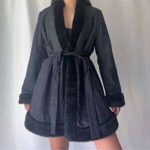 Vintage Nine West Black Embroidered Princess Faux Fur Lined Coat